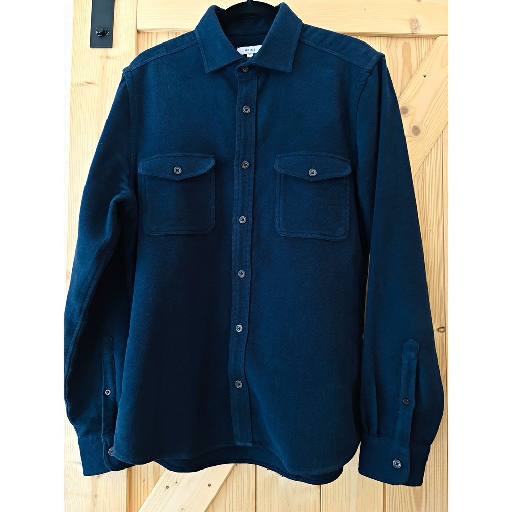 Reiss Men's L Regular Fit Navy Blue Brushed Hvy Cotton Long Sleeve Shirt Pockets
